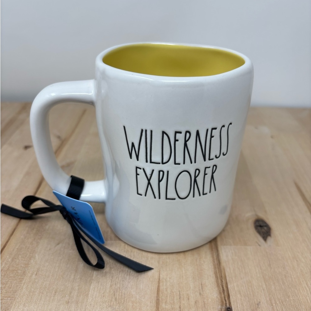 Rae Dunn WILDERNESS EXPLORER Mug White Ceramic Yellow Interior Double Sided New - Picture 2 of 4